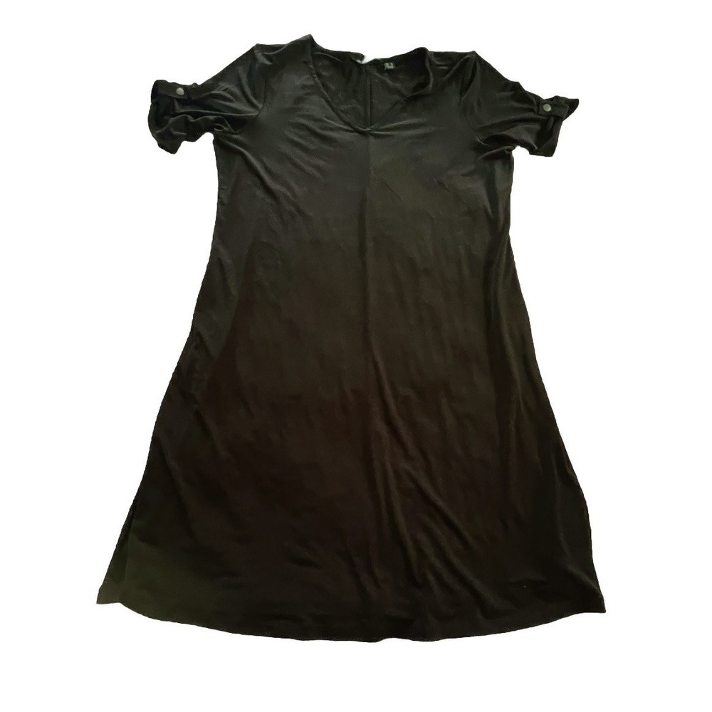 Susan Graver Every Day Black V-Neck Roll-Tab Sleeve Shift Dress Women's Large